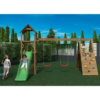Parco giochi in legno Fungoo Fleppi colore Marrone con Casetta, Scivolo, Altalene, Sabbiera, Arrampicata
