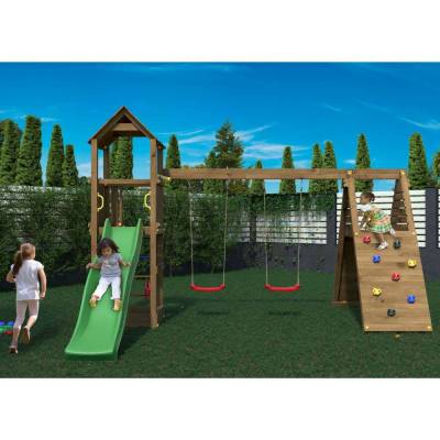 Parco giochi in legno Fungoo Fleppi colore Marrone con Casetta, Scivolo, Altalene, Sabbiera, Arrampicata