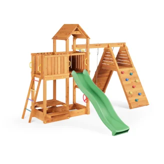 Parco giochi Fungoo FLUPPI con sabbiera, arrampicata, tavolo picnic, altalena e scivolo