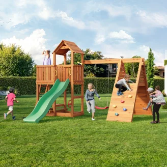 Parco giochi Fungoo FLUPPI con sabbiera, arrampicata, tavolo picnic, altalena e scivolo