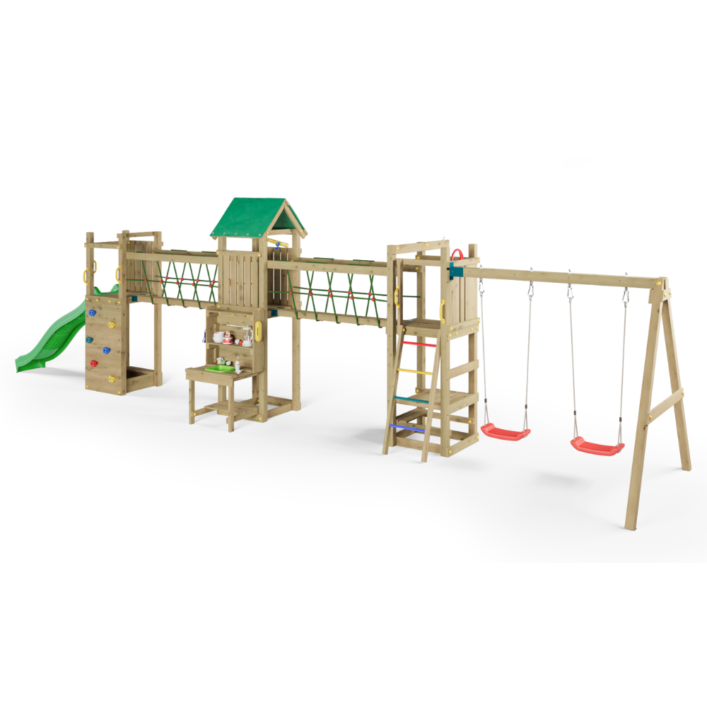Parco giochi in legno Fungoo Space Longer con scivolo, due altalene, ponte e casetta per bambini