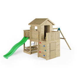 Casetta parco giochi in legno Fungoo Multifort con scivolo, due altalene e arrampicata