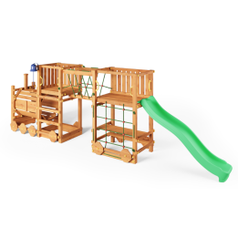 Parco giochi in legno Fungoo Loco Express colore teak con scivolo, ponte e trenino per bambini