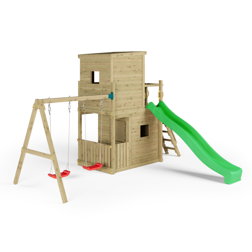 Casetta parco giochi in legno Fungoo Lofter 2S con scivolo, due altalene e parete arrampicata