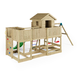 Casetta parco giochi in legno Fungoo Longstepper con scivolo, due altalene, tavolo picnic e arrampicata