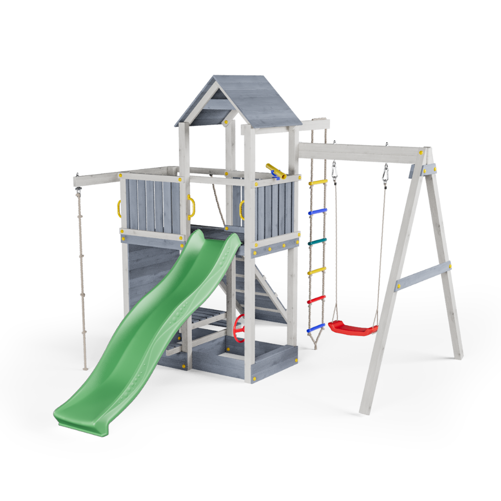 Casetta in legno per bambini con scivolo e altalena – Parco giochi Fungoo ACTIVER KDI Grigio e Bianco