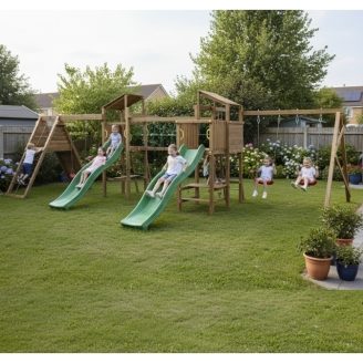 Parco Giochi in legno Playland BigFun TGG Play Con 3 Altalene, 2 Scivoli, Sabbiera, Arrampicata, Tavolo Picnic