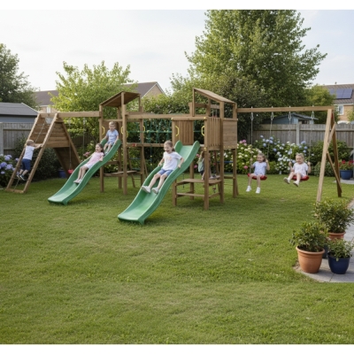 Parco Giochi in legno Playland BigFun TGG Play Con 3 Altalene, 2 Scivoli, Sabbiera, Arrampicata, Tavolo Picnic