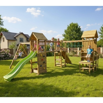 Parco giochi in legno Fungoo Optimizer con scivolo, altalene, arrampicata e cucina per bambini