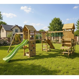 Parco giochi in legno Fungoo Optimizer con scivolo, altalene, arrampicata e cucina per bambini