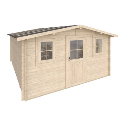Casetta in legno Serena 4x5 m con porta finestrata e due finestre – Struttura Block House in abete naturale 25 mm