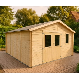 Casetta in legno Beatrice 4x5 m con porta doppia finestrata e finestra – Struttura Block House in abete naturale 25 mm