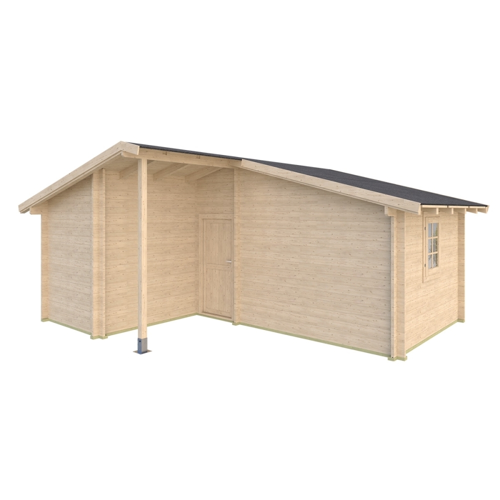 Casa in legno Butterfly 600x500 cm, 3 vani con portico, pareti 45 mm