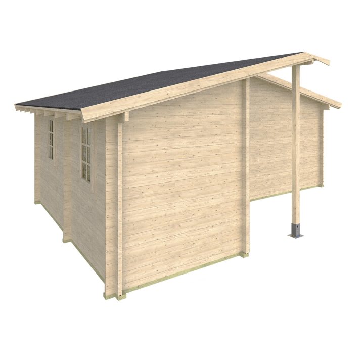 Casa in legno Butterfly 600x500 cm, 3 vani con portico, pareti 45 mm