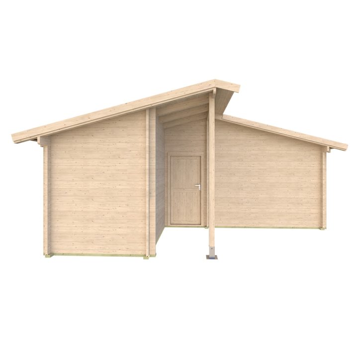 Casa in legno Butterfly 600x500 cm, 3 vani con portico, pareti 45 mm