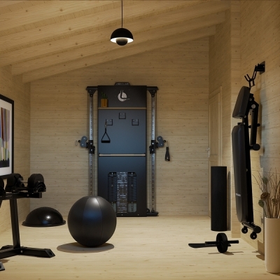 Casa in legno Butterfly 600x500 cm, 3 vani con portico, pareti 45 mm