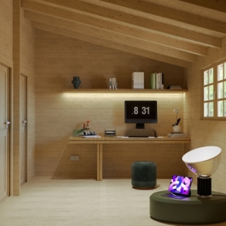 Casa in legno Butterfly 600x500 cm, 3 vani con portico, pareti 45 mm