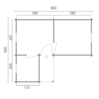 Casa in legno Butterfly 600x500 cm, 3 vani con portico, pareti 45 mm