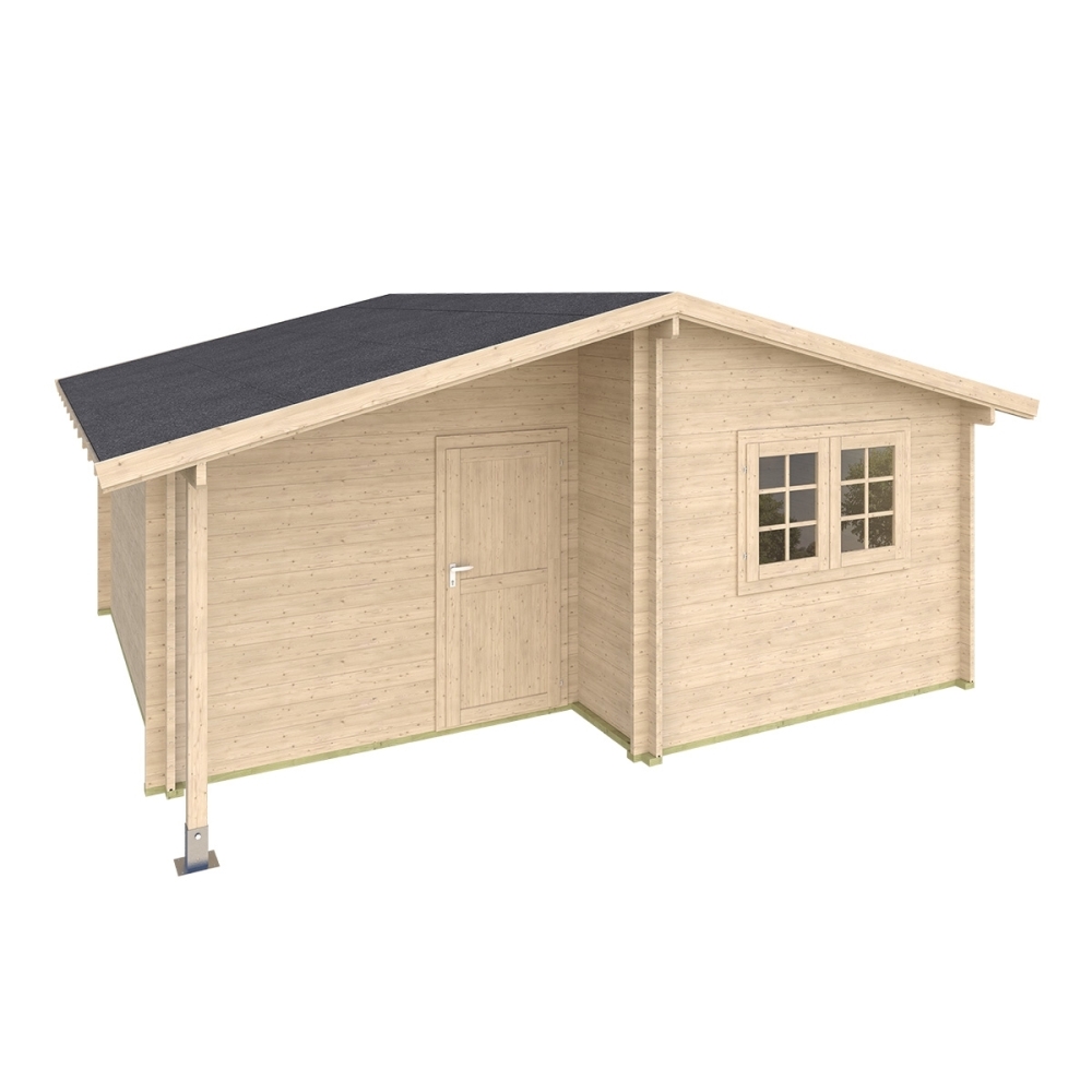 Casa in legno Tamara 550x550 cm, 3 vani con portico 45 mm