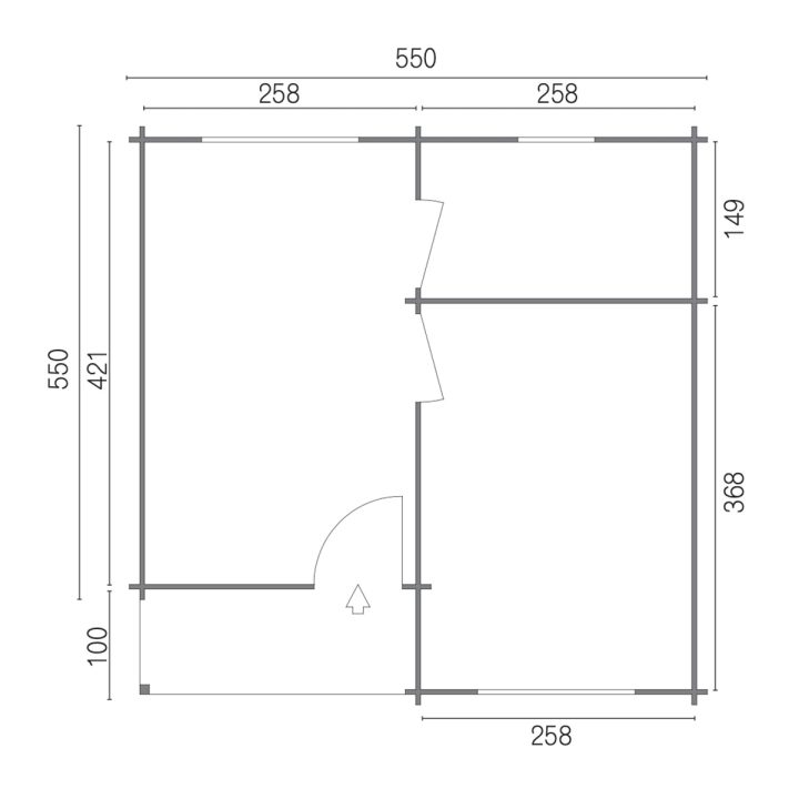 Casa in legno Tamara 550x550 cm, 3 vani con portico 45 mm