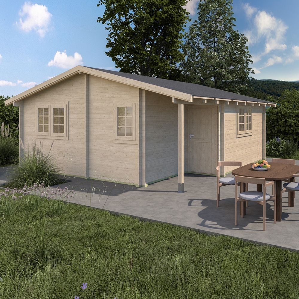 Casa in legno Frida 600x600 cm, 4 vani con portico, spessore 45 mm