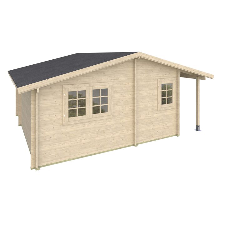 Casa in legno Frida 600x600 cm, 4 vani con portico, spessore 45 mm