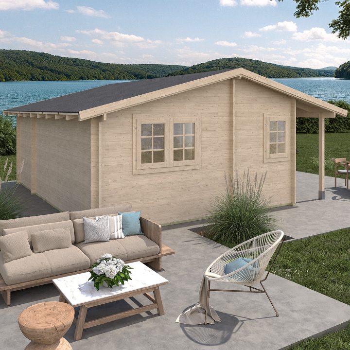 Casa in legno Frida 600x600 cm, 4 vani con portico, spessore 45 mm