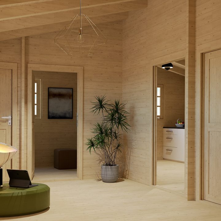Casa in legno Frida 600x600 cm, 4 vani con portico, spessore 45 mm