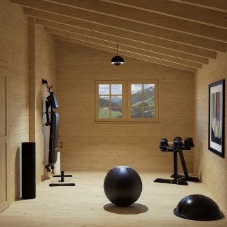 Casa in legno Frida 600x600 cm, 4 vani con portico, spessore 45 mm