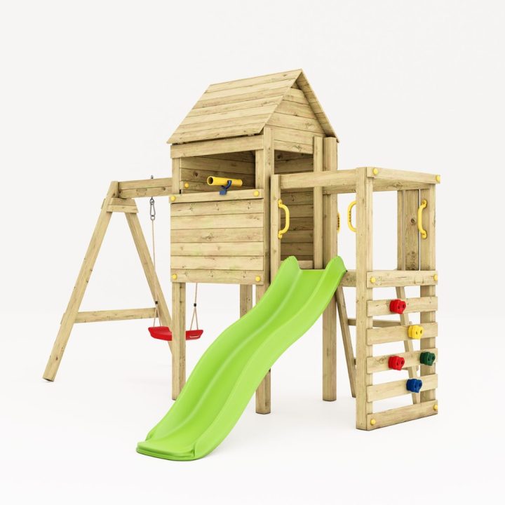 Parco Giochi in Legno Fungoo Luomi – Casetta, Scivolo, Altalena e Arrampicata per Bambini