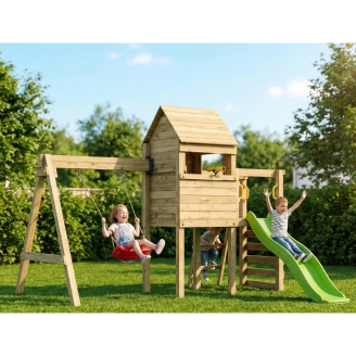 Parco Giochi in Legno Fungoo Luomi – Casetta, Scivolo, Altalena e Arrampicata per Bambini