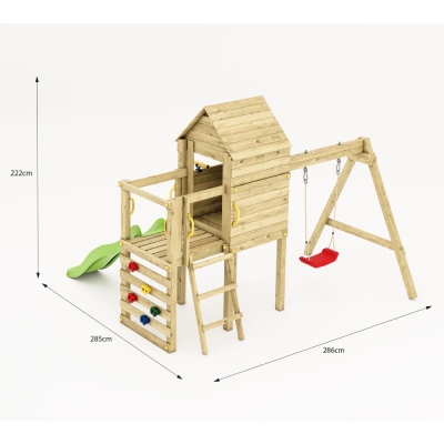 Parco Giochi in Legno Fungoo Luomi – Casetta, Scivolo, Altalena e Arrampicata per Bambini