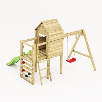 Parco Giochi in Legno Fungoo Luomi – Casetta, Scivolo, Altalena e Arrampicata per Bambini