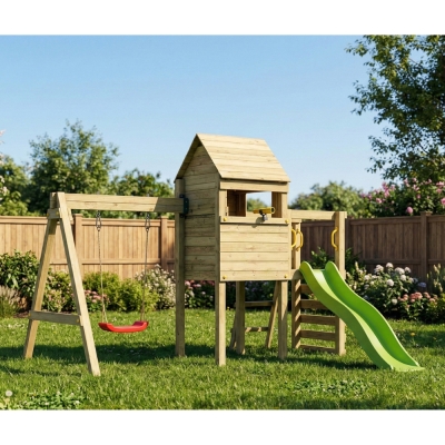 Parco Giochi in Legno Fungoo Luomi – Casetta, Scivolo, Altalena e Arrampicata per Bambini