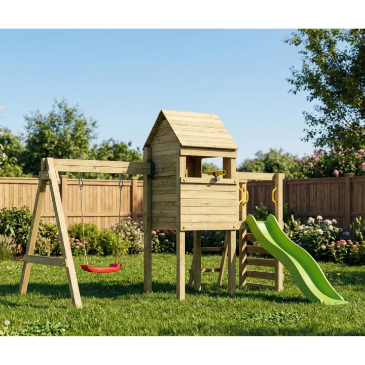 Parco Giochi in Legno Fungoo Luomi – Casetta, Scivolo, Altalena e Arrampicata per Bambini