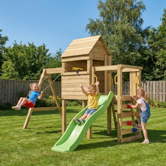 Parco Giochi in Legno Fungoo Luomi – Casetta, Scivolo, Altalena e Arrampicata per Bambini