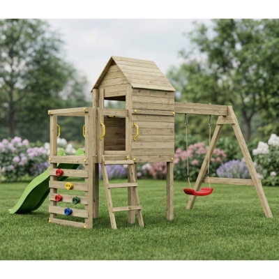 Parco Giochi in Legno Fungoo Luomi – Casetta, Scivolo, Altalena e Arrampicata per Bambini