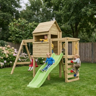 Parco Giochi in Legno Fungoo Luomi – Casetta, Scivolo, Altalena e Arrampicata per Bambini