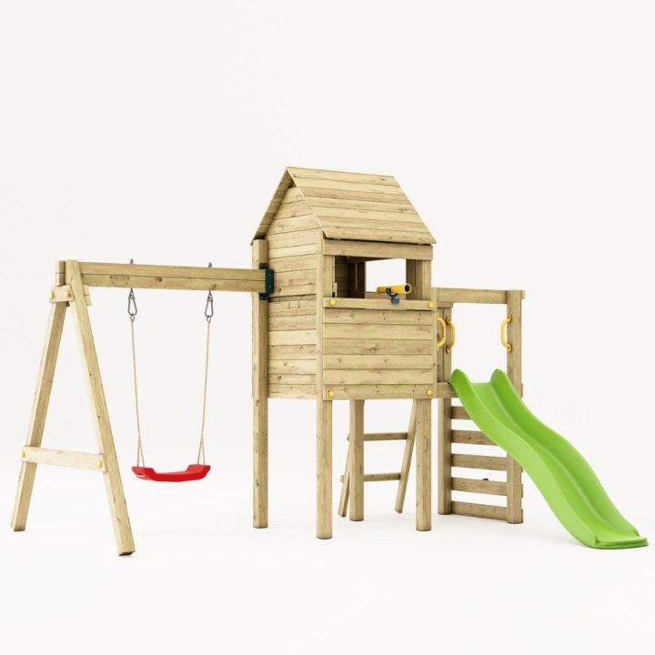 Parco Giochi in Legno Fungoo Luomi – Casetta, Scivolo, Altalena e Arrampicata per Bambini