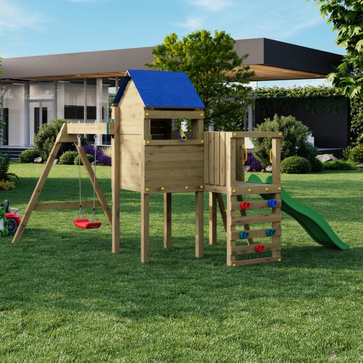Parco Giochi da Giardino in Legno con Scivolo, Casetta e Altalena Fungoo Bibalu
