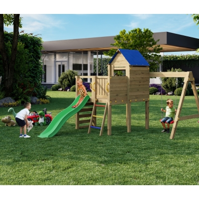 Parco Giochi da Giardino in Legno con Scivolo, Casetta e Altalena Fungoo Bibalu