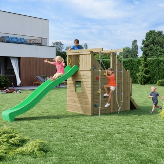 Parco Giochi in Legno Fungoo Ramphouse – Torre con Rampa Arrampicata, Scivolo e Spazio Rifugio