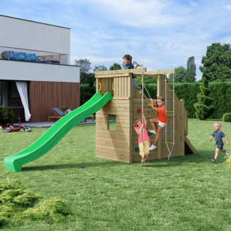 Parco Giochi in Legno Fungoo Ramphouse – Torre con Rampa Arrampicata, Scivolo e Spazio Rifugio