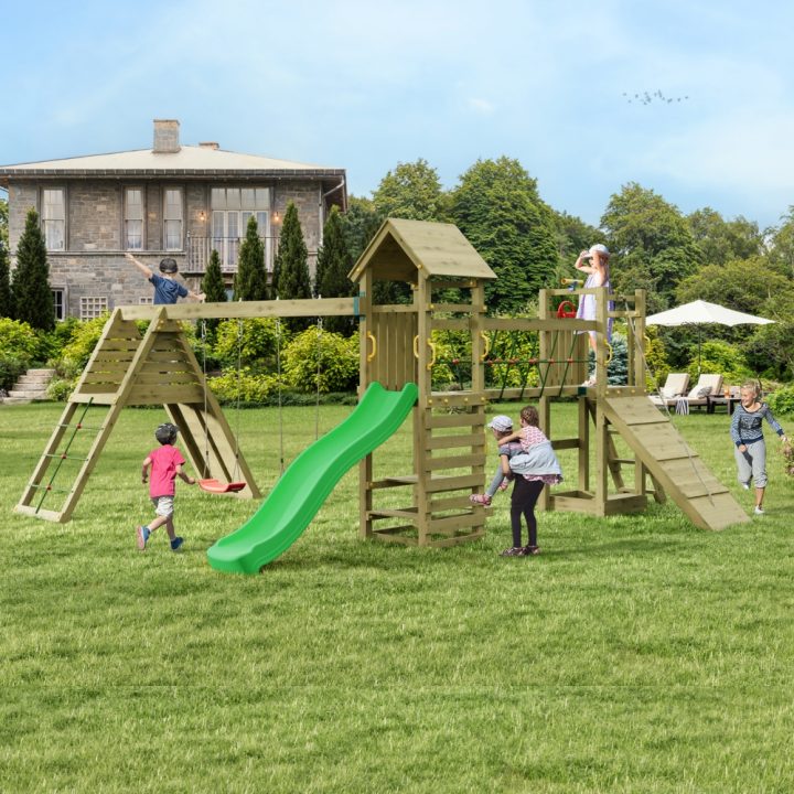 Gioco da Giardino in Legno Fungoo Funny Carnival – Casetta, Scivolo, Ponte e Doppia Altalena