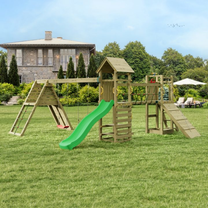 Gioco da Giardino in Legno Fungoo Funny Carnival – Casetta, Scivolo, Ponte e Doppia Altalena