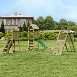 Gioco da Giardino in Legno Fungoo Funny Carnival – Casetta, Scivolo, Ponte e Doppia Altalena