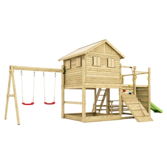 Casetta Gioco in Legno Fungoo Aloha con Scivolo, Doppia Altalena, Sabbiera, Tavolo Picnic e Arrampicata