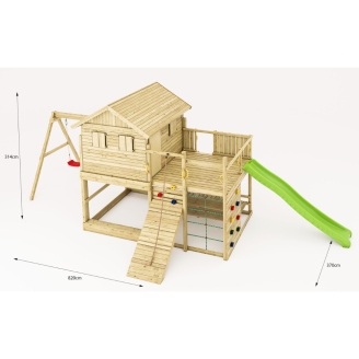 Casetta Gioco in Legno Fungoo Aloha con Scivolo, Doppia Altalena, Sabbiera, Tavolo Picnic e Arrampicata