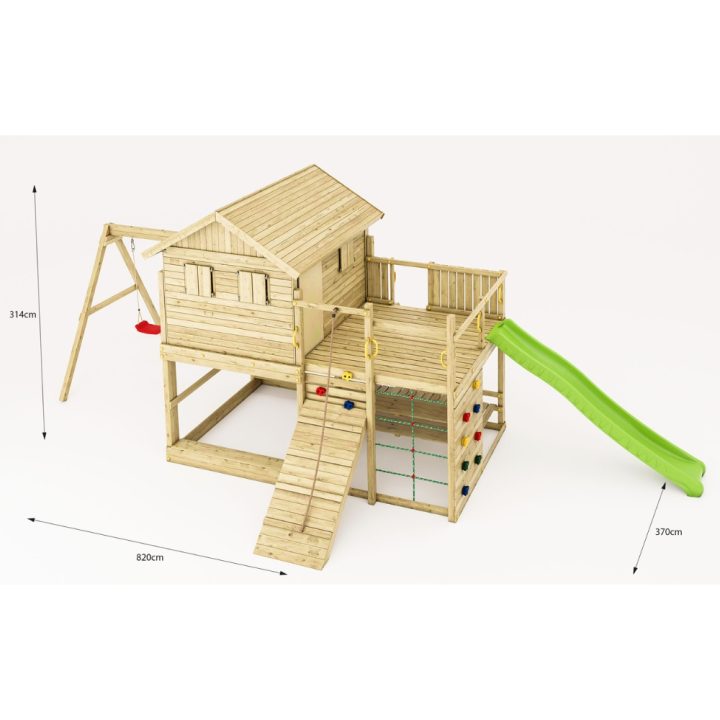 Casetta Gioco in Legno Fungoo Aloha con Scivolo, Doppia Altalena, Sabbiera, Tavolo Picnic e Arrampicata