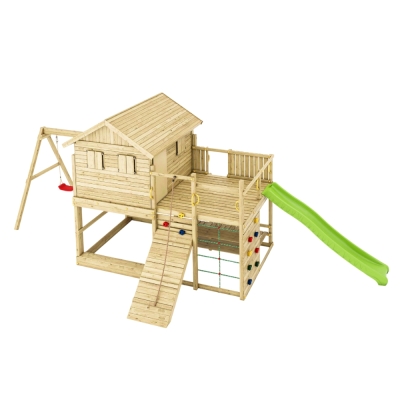 Casetta Gioco in Legno Fungoo Aloha con Scivolo, Doppia Altalena, Sabbiera, Tavolo Picnic e Arrampicata